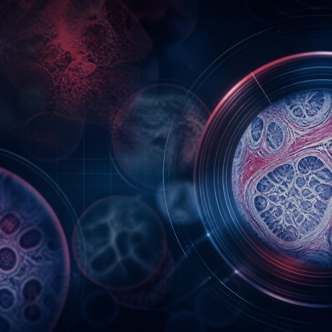 Abstract scientific visual of microscope optics and histology patterns
